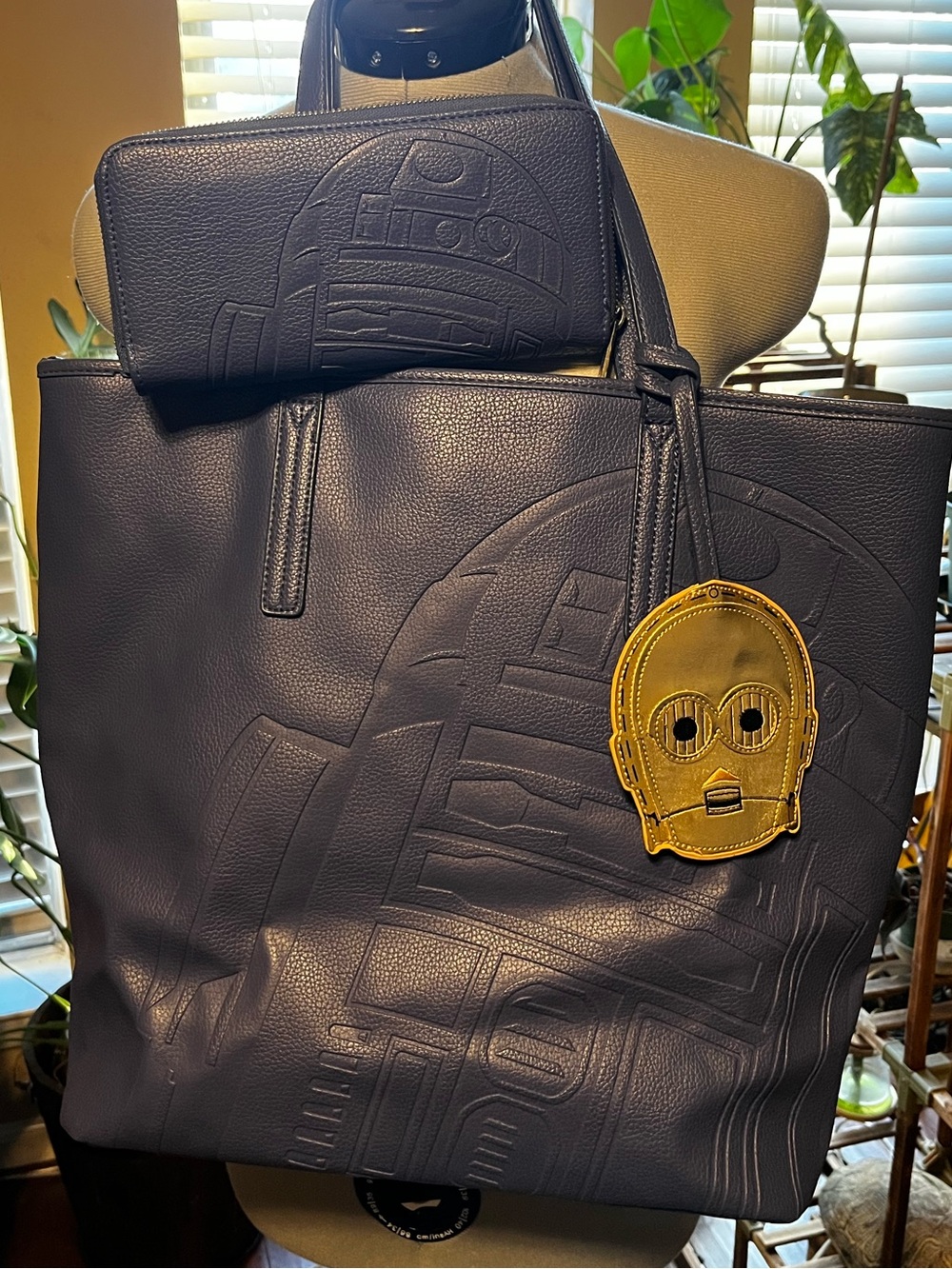 Loungefly Navy R2D2 Tote/Purse with Gold C-3PO Face Bag Charm
